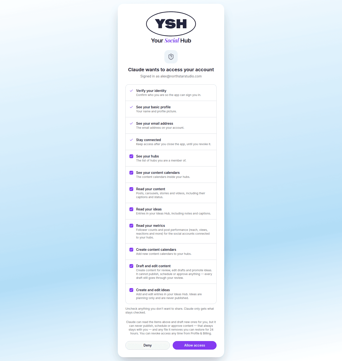 Your Social Hub consent screen showing the permissions requested by an AI assistant