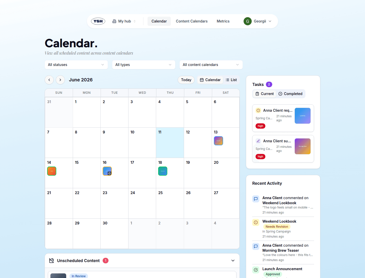 YSH hub calendar overview