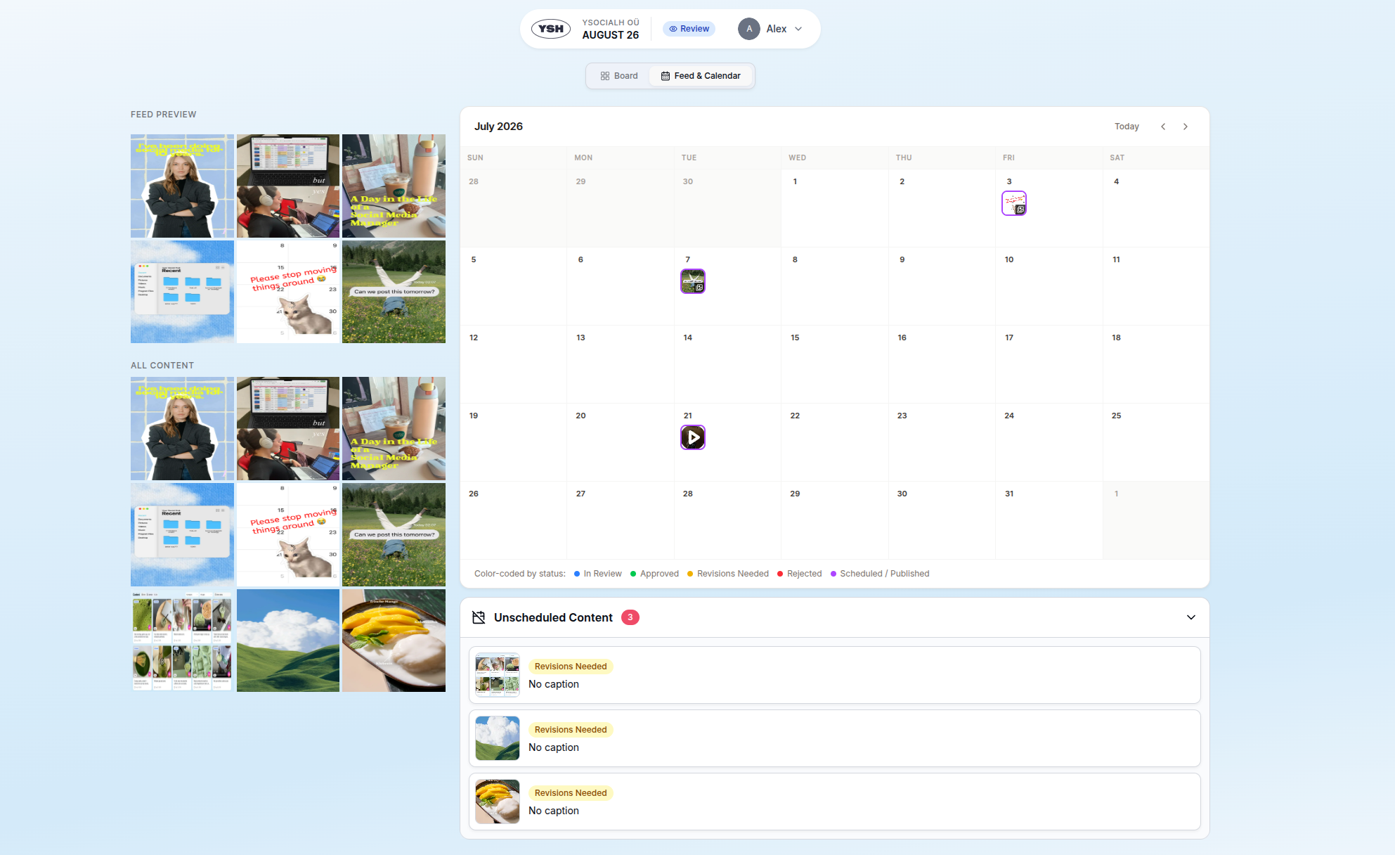The Review Portal calendar with feed previews and unscheduled revision requests